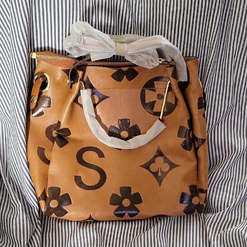 Brown Leather Shoulder Bag with Monogram Pattern
